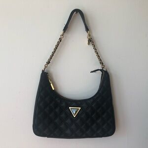 Quilted black guess baguette bag gold hue hardware chain strap